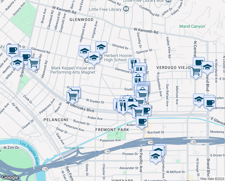 map of restaurants, bars, coffee shops, grocery stores, and more near 596 South Street in Glendale