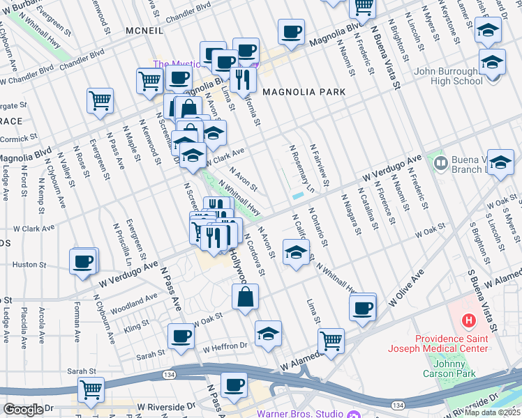 map of restaurants, bars, coffee shops, grocery stores, and more near 615 North Lima Street in Burbank