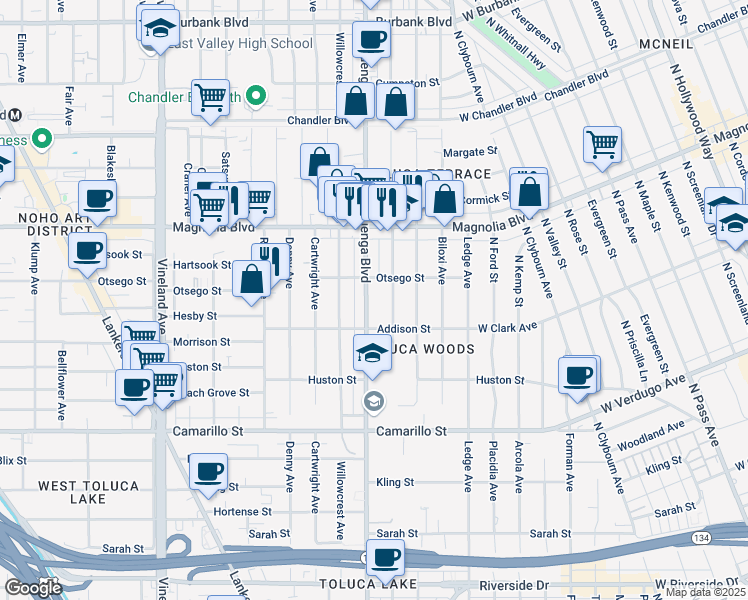 map of restaurants, bars, coffee shops, grocery stores, and more near 5041 Auckland Avenue in Los Angeles