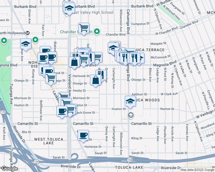 map of restaurants, bars, coffee shops, grocery stores, and more near 5043 Denny Avenue in Los Angeles