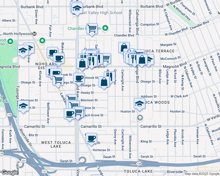 map of restaurants, bars, coffee shops, grocery stores, and more near 5043 Denny Avenue in Los Angeles