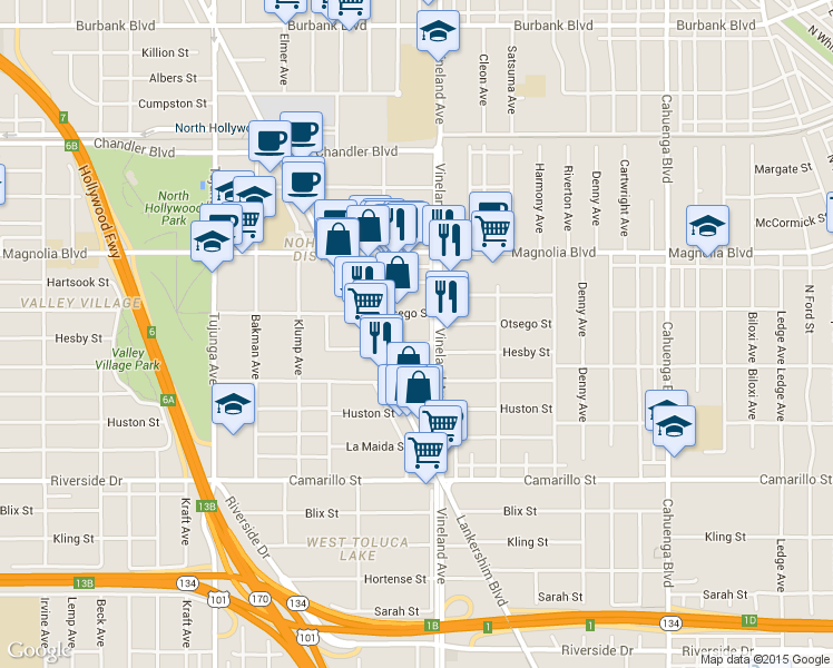 map of restaurants, bars, coffee shops, grocery stores, and more near 11008 Otsego Street in Los Angeles