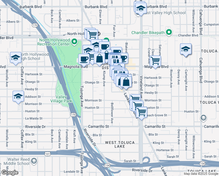 map of restaurants, bars, coffee shops, grocery stores, and more near 5066 Klump Avenue in Los Angeles