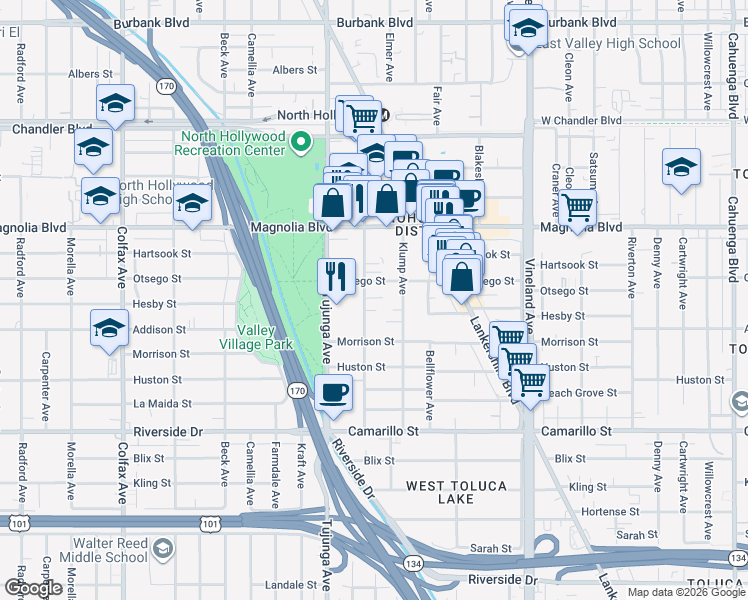 map of restaurants, bars, coffee shops, grocery stores, and more near 5060 Bakman Avenue in Los Angeles