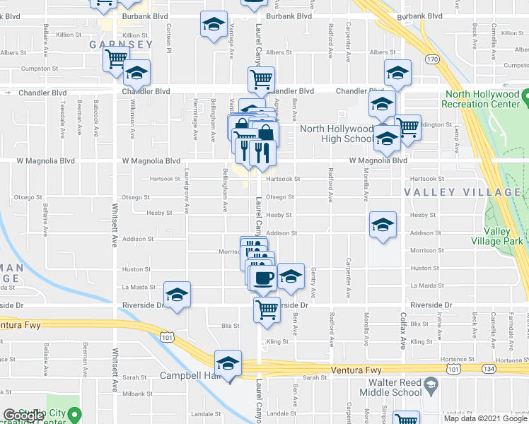 map of restaurants, bars, coffee shops, grocery stores, and more near 5047 Laurel Canyon Boulevard in Los Angeles