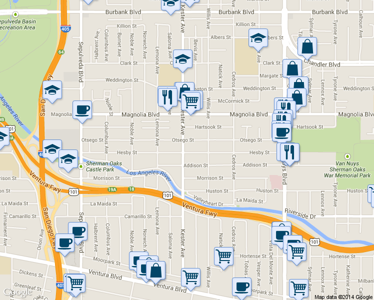 map of restaurants, bars, coffee shops, grocery stores, and more near 14833 Hesby Street in Los Angeles