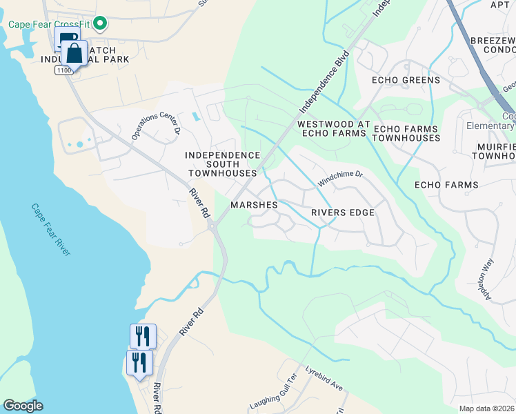 map of restaurants, bars, coffee shops, grocery stores, and more near 104 River Front Place in Wilmington