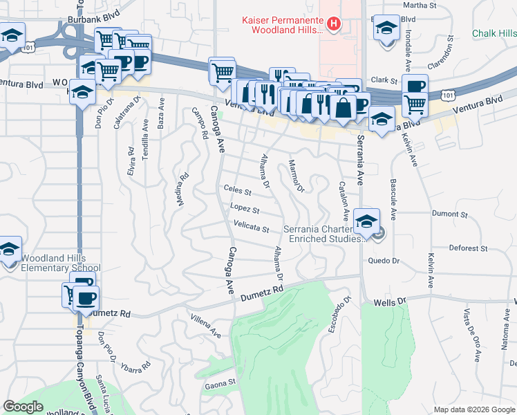 map of restaurants, bars, coffee shops, grocery stores, and more near 21245 Lopez Street in Los Angeles