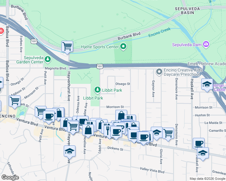 map of restaurants, bars, coffee shops, grocery stores, and more near 5109 Valjean Avenue in Los Angeles