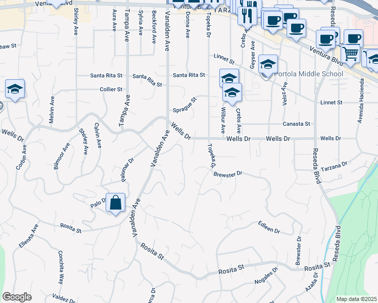 map of restaurants, bars, coffee shops, grocery stores, and more near 5019 Donna Avenue in Los Angeles