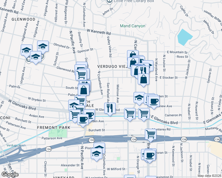 map of restaurants, bars, coffee shops, grocery stores, and more near 1125 Melrose Avenue in Glendale