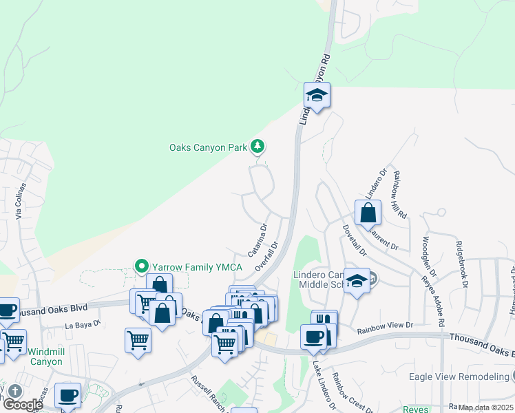 map of restaurants, bars, coffee shops, grocery stores, and more near 6063 Hedgewall Drive in Westlake Village