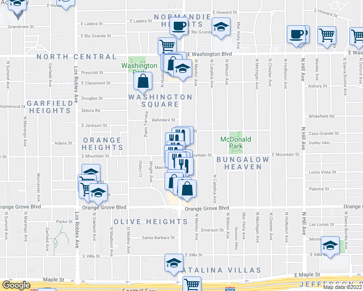 map of restaurants, bars, coffee shops, grocery stores, and more near 956 North Lake Avenue in Pasadena