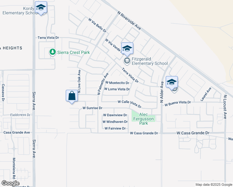 map of restaurants, bars, coffee shops, grocery stores, and more near 2590 West Buena Vista Drive in Rialto