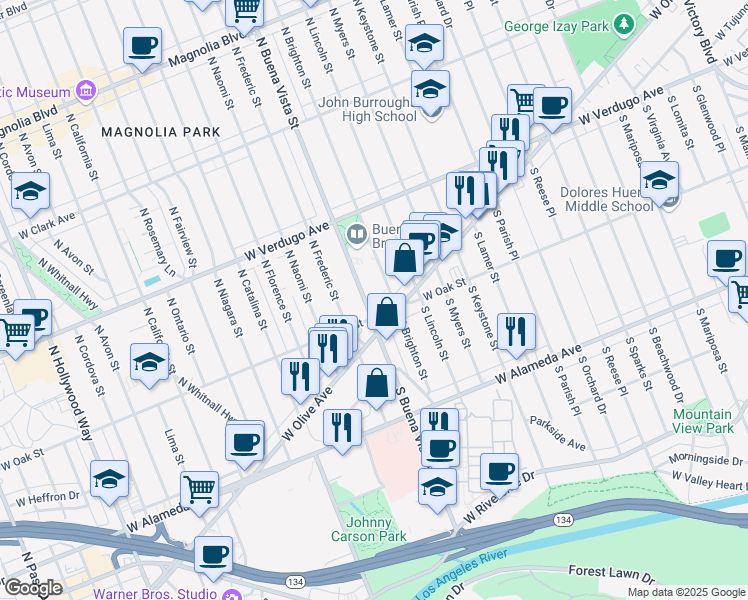 map of restaurants, bars, coffee shops, grocery stores, and more near 216 North Buena Vista Street in Burbank