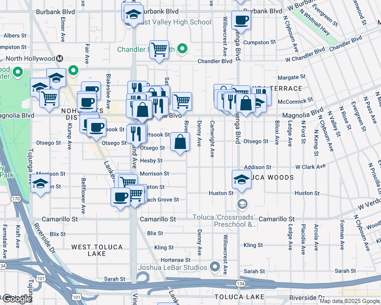 map of restaurants, bars, coffee shops, grocery stores, and more near Riverton Avenue in Los Angeles