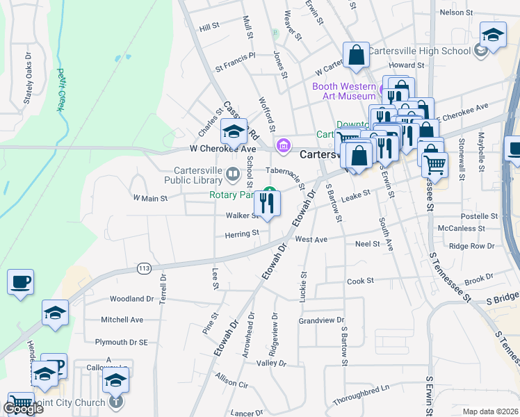 map of restaurants, bars, coffee shops, grocery stores, and more near 5 1/2 Walker Street in Cartersville