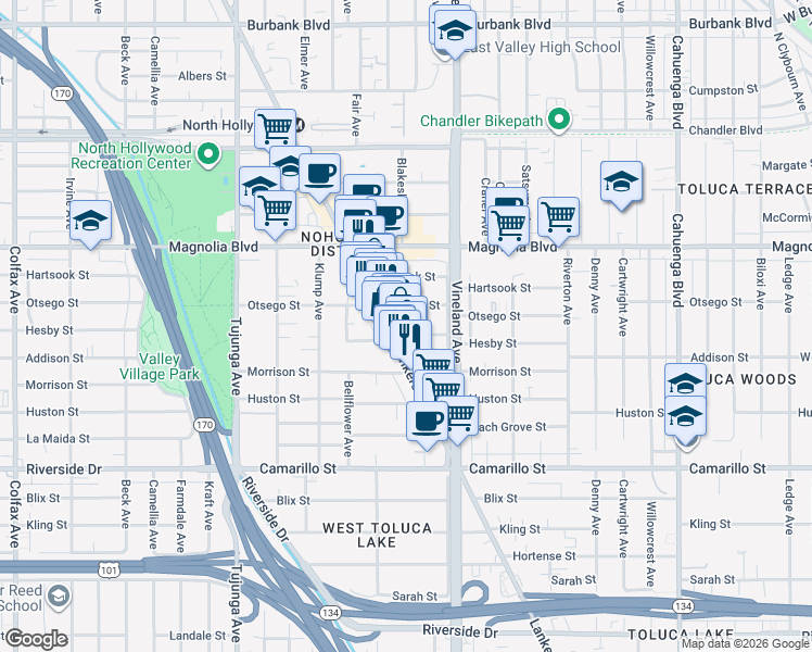 map of restaurants, bars, coffee shops, grocery stores, and more near 11104 Otsego Street in Los Angeles