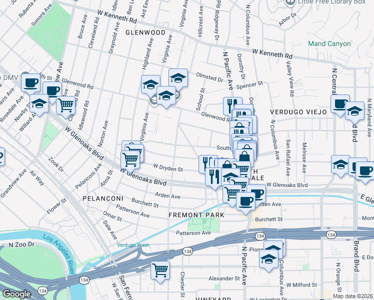 map of restaurants, bars, coffee shops, grocery stores, and more near 606 South Street in Glendale