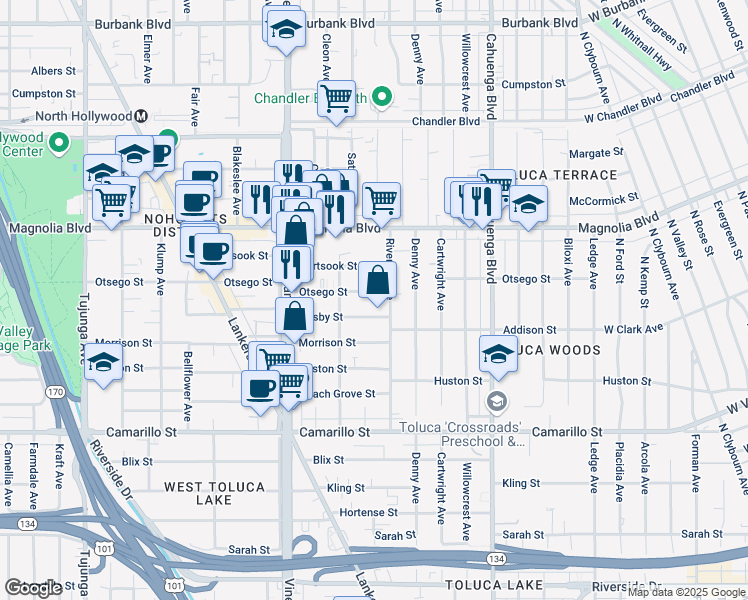 map of restaurants, bars, coffee shops, grocery stores, and more near 10822 Otsego Street in Los Angeles