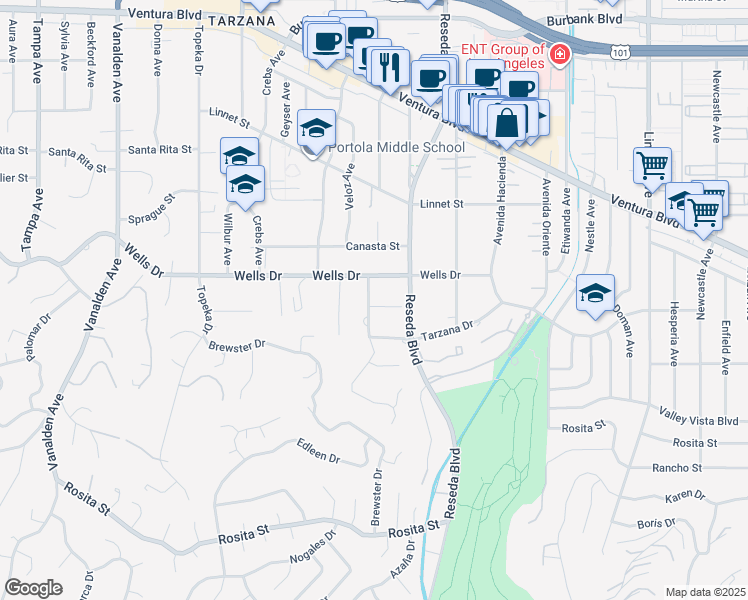 map of restaurants, bars, coffee shops, grocery stores, and more near 18641 Ringling Street in Los Angeles