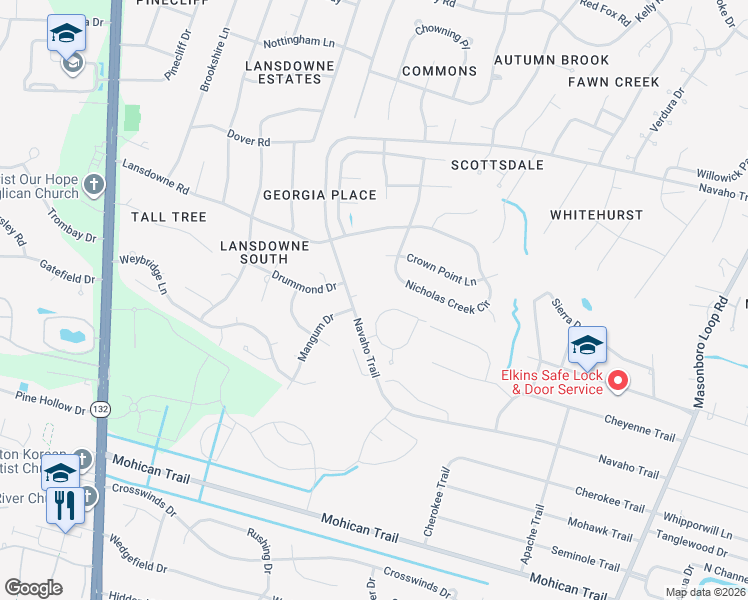 map of restaurants, bars, coffee shops, grocery stores, and more near 519 Navaho Trail in Wilmington
