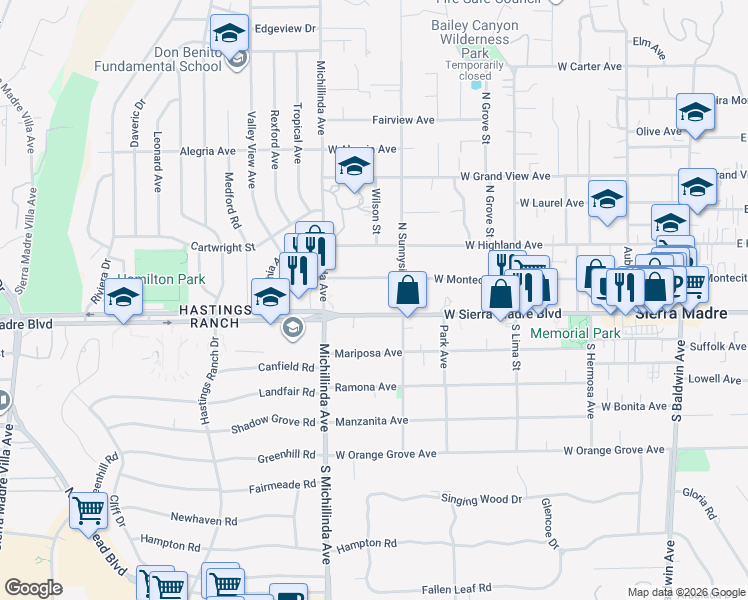 map of restaurants, bars, coffee shops, grocery stores, and more near 633 Sierra Madre Boulevard in Sierra Madre