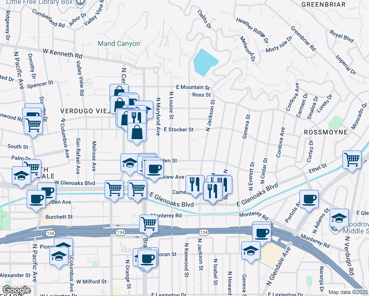map of restaurants, bars, coffee shops, grocery stores, and more near 1131 Campbell Street in Glendale