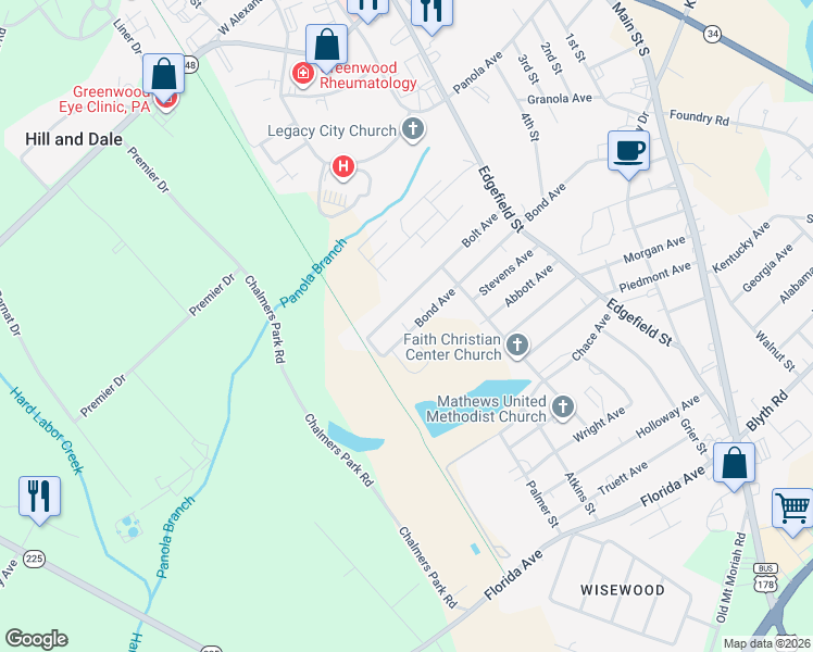 map of restaurants, bars, coffee shops, grocery stores, and more near 520 Bond Avenue in Greenwood