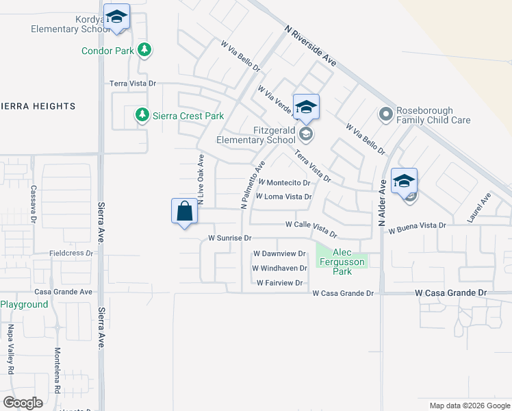 map of restaurants, bars, coffee shops, grocery stores, and more near 2643 West Loma Vista Drive in Rialto