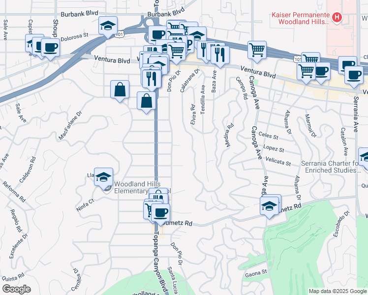 map of restaurants, bars, coffee shops, grocery stores, and more near 21800 Martinez Street in Los Angeles