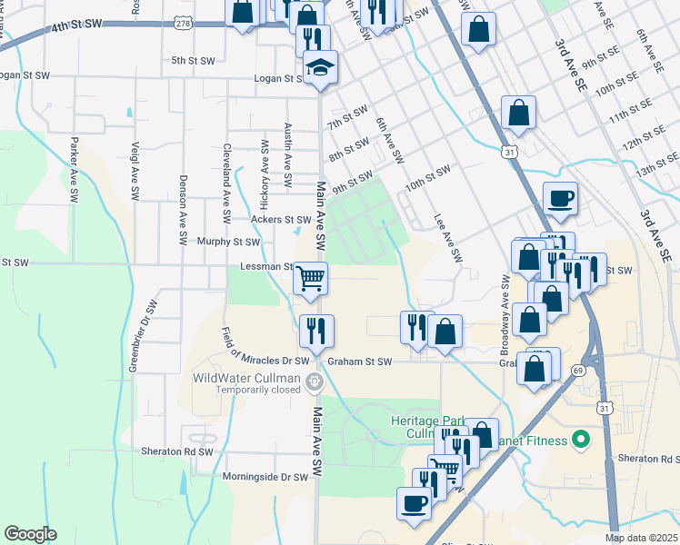 map of restaurants, bars, coffee shops, grocery stores, and more near 909 Lessman Circle Southwest in Cullman