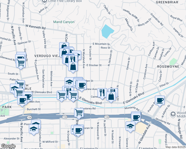map of restaurants, bars, coffee shops, grocery stores, and more near 1124 North Louise Street in Glendale