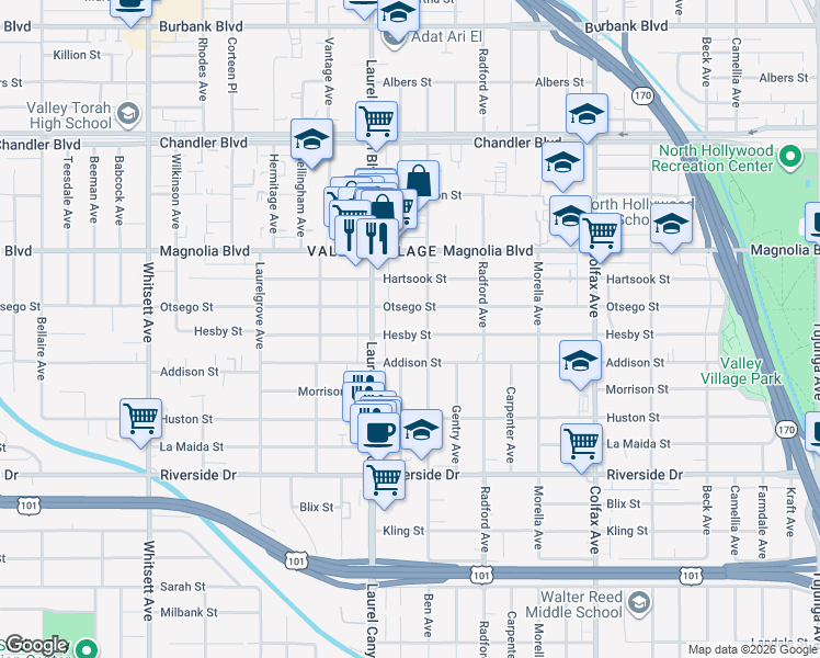 map of restaurants, bars, coffee shops, grocery stores, and more near 12021 Hesby Street in Los Angeles