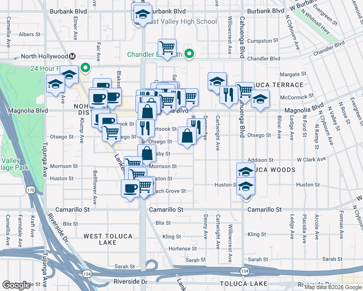 map of restaurants, bars, coffee shops, grocery stores, and more near 10832 Otsego Street in Los Angeles