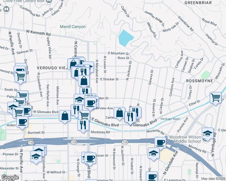 map of restaurants, bars, coffee shops, grocery stores, and more near 1131 Campbell Street in Glendale