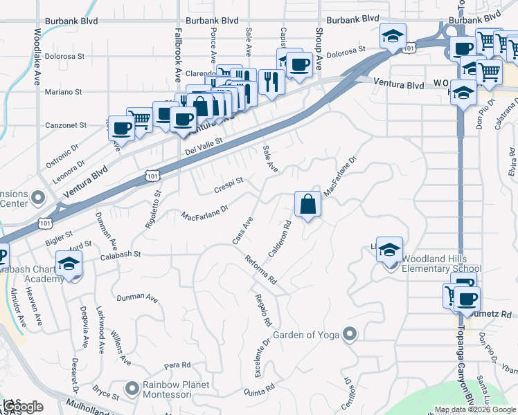 map of restaurants, bars, coffee shops, grocery stores, and more near 22610 Cass Avenue in Los Angeles