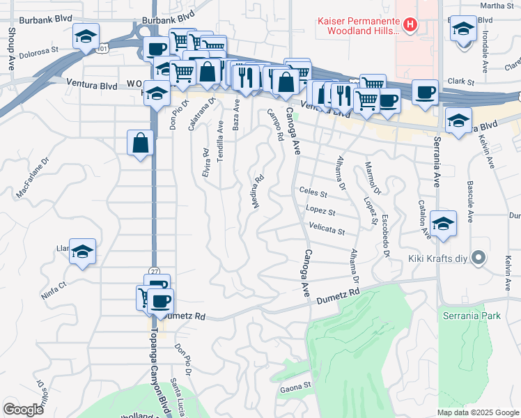 map of restaurants, bars, coffee shops, grocery stores, and more near 5160 Medina Road in Los Angeles