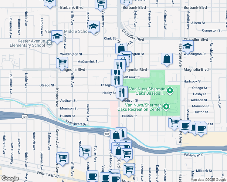 map of restaurants, bars, coffee shops, grocery stores, and more near 5043a Van Nuys Boulevard in Los Angeles