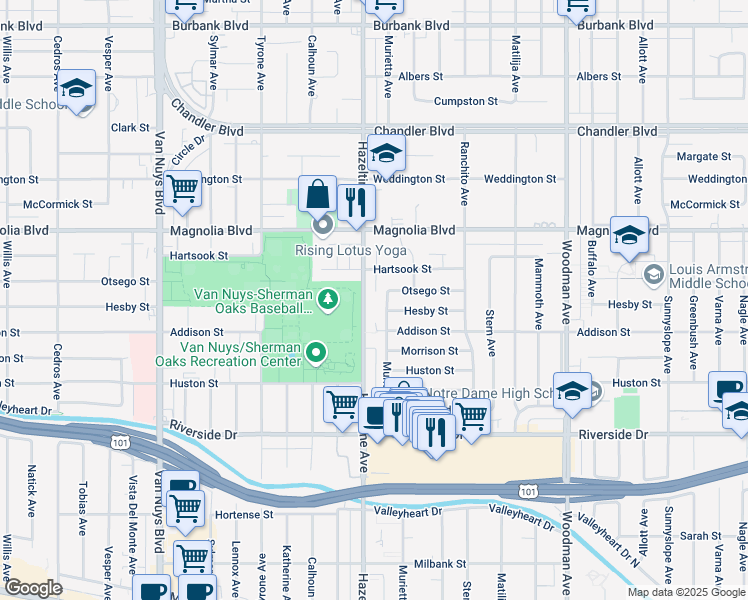 map of restaurants, bars, coffee shops, grocery stores, and more near 5038 Hazeltine Avenue in Los Angeles