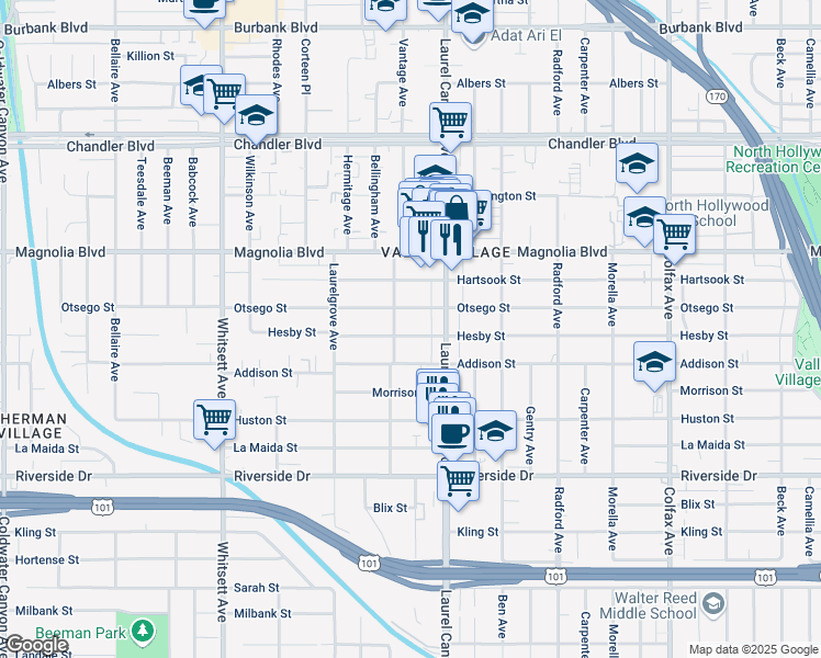 map of restaurants, bars, coffee shops, grocery stores, and more near 12139 Hesby Street in Los Angeles