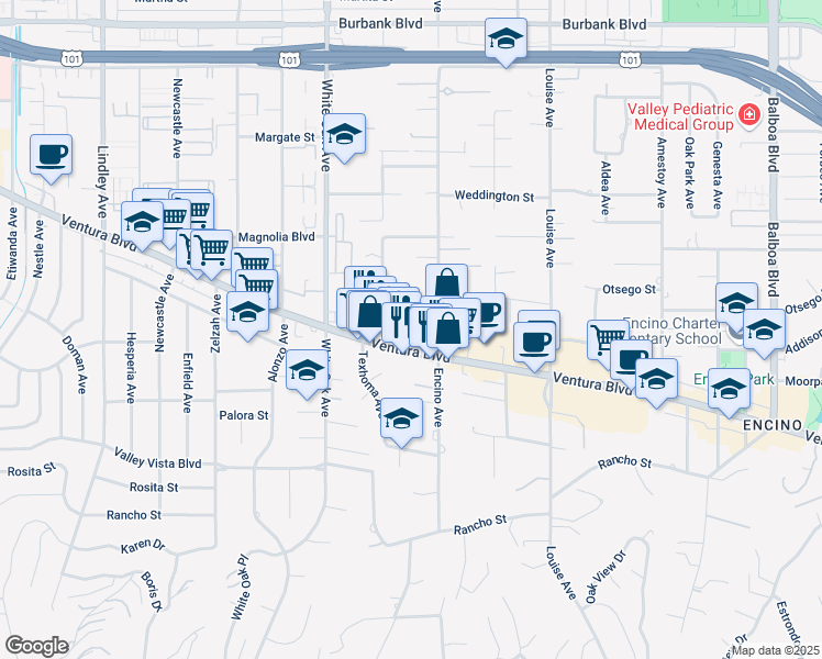 map of restaurants, bars, coffee shops, grocery stores, and more near 5031 Encino Avenue in Los Angeles