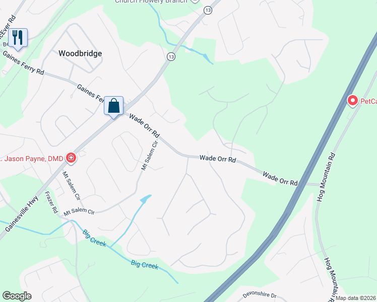 map of restaurants, bars, coffee shops, grocery stores, and more near 6089 Wade Orr Road in Flowery Branch