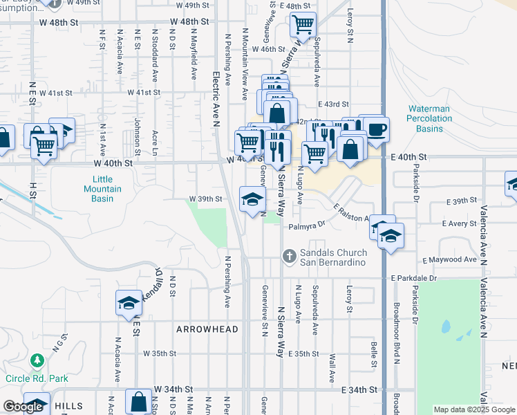 map of restaurants, bars, coffee shops, grocery stores, and more near 3902 Genevieve Street North in San Bernardino