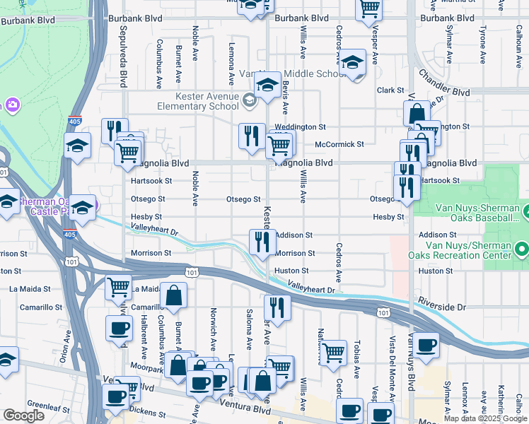 map of restaurants, bars, coffee shops, grocery stores, and more near 5057 Kester Avenue in Los Angeles