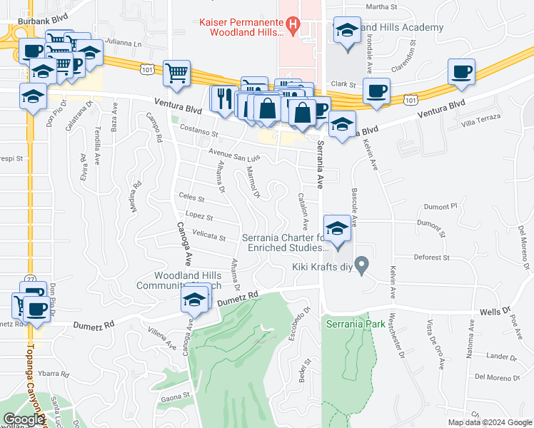 map of restaurants, bars, coffee shops, grocery stores, and more near 5050 Escobedo Drive in Los Angeles