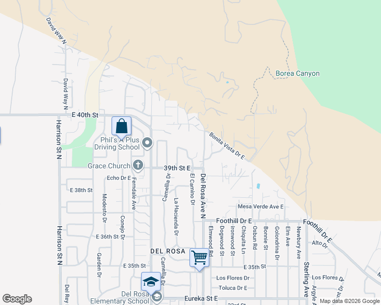 map of restaurants, bars, coffee shops, grocery stores, and more near 3962 North La Hacienda Drive in San Bernardino