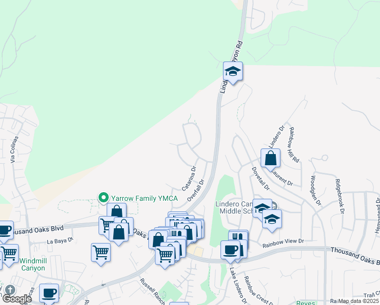 map of restaurants, bars, coffee shops, grocery stores, and more near 6063 Hedgewall Drive in Westlake Village