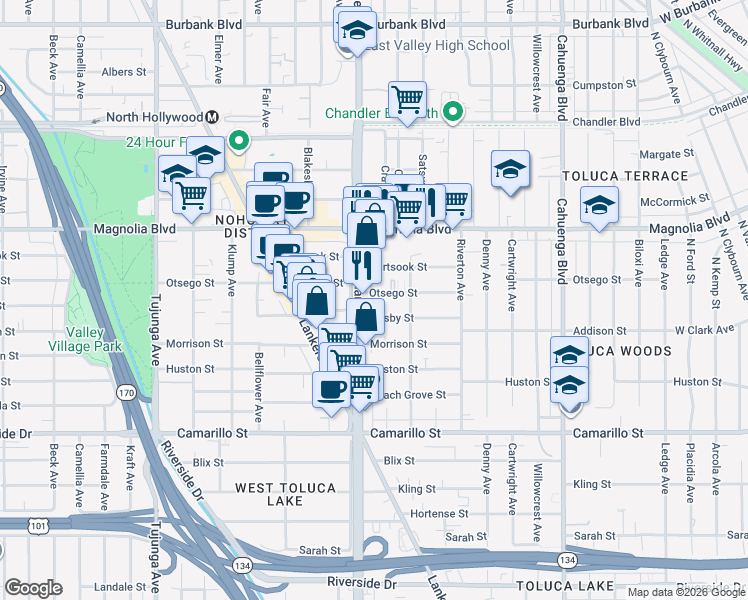 map of restaurants, bars, coffee shops, grocery stores, and more near 10942 Otsego Street in Los Angeles