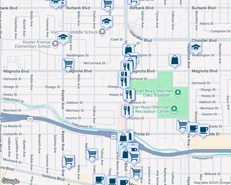 map of restaurants, bars, coffee shops, grocery stores, and more near 14537 Hesby Street in Los Angeles